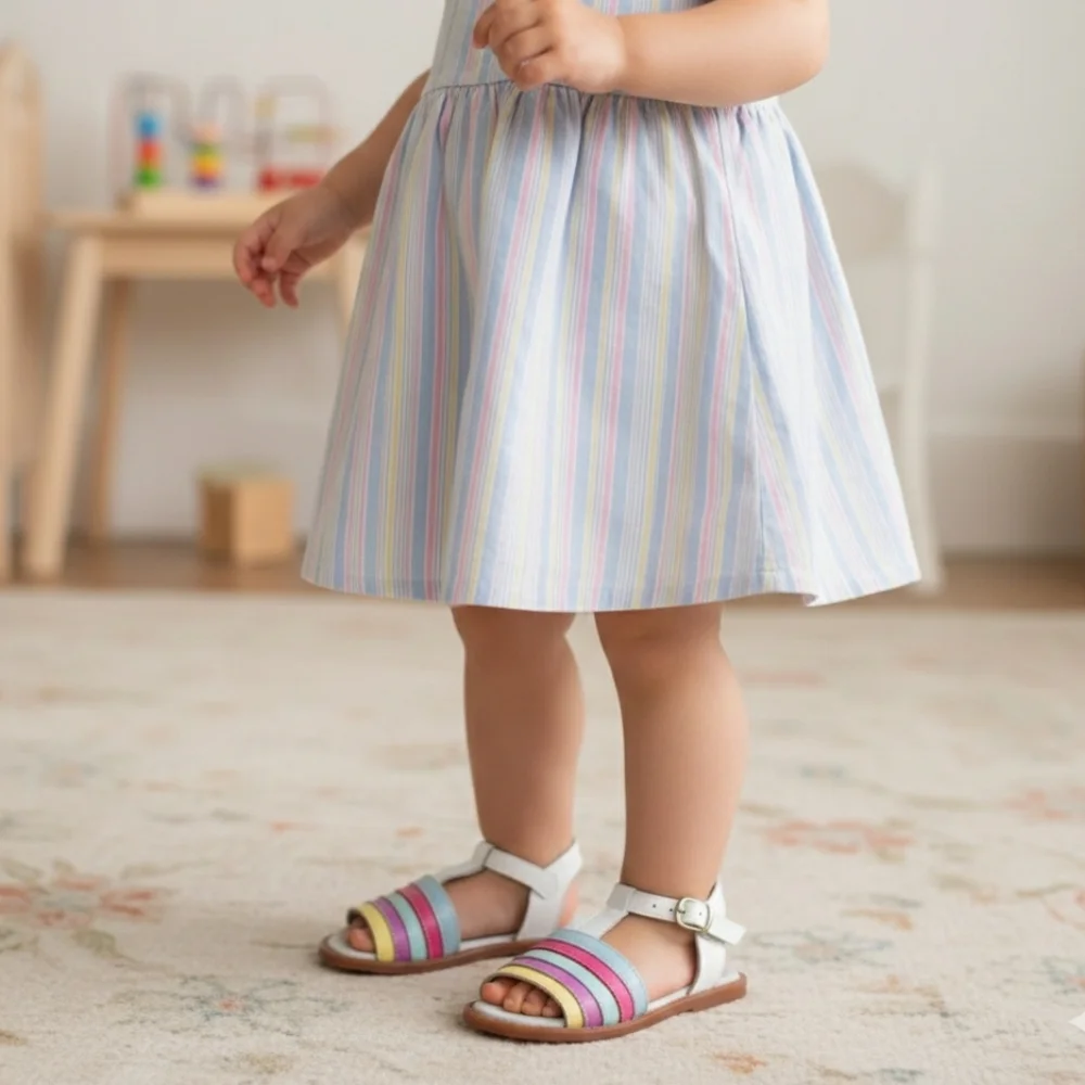 Two Pretty Handcrafted Leather Rainbow Sandals Girls - Pastel Multi-Color